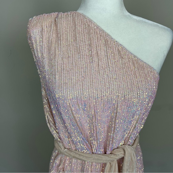 NWT RETROFETE ELLA ONE SHOULDER SEQUIN MINI DRESS IN TAFFY PINK SIZE LARGE - Picture 7 of 16